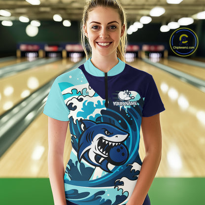 Custom Blue Shark Bowling Polo, Quarter Zip Shirts For Ladies, Personalized Shark Bowling Team Shirt NQS10469