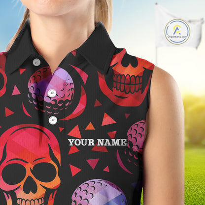 Red Gradient Skull Golf Ball pattern Sleeveless polo golf shirts Custom Halloween golf top for ladies NQS10511