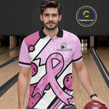 Load image into Gallery viewer, Personalized Pink Ribbons Camo Bowling Shirts For Men, Custom breast cancer bowling Team shirts NQS10533