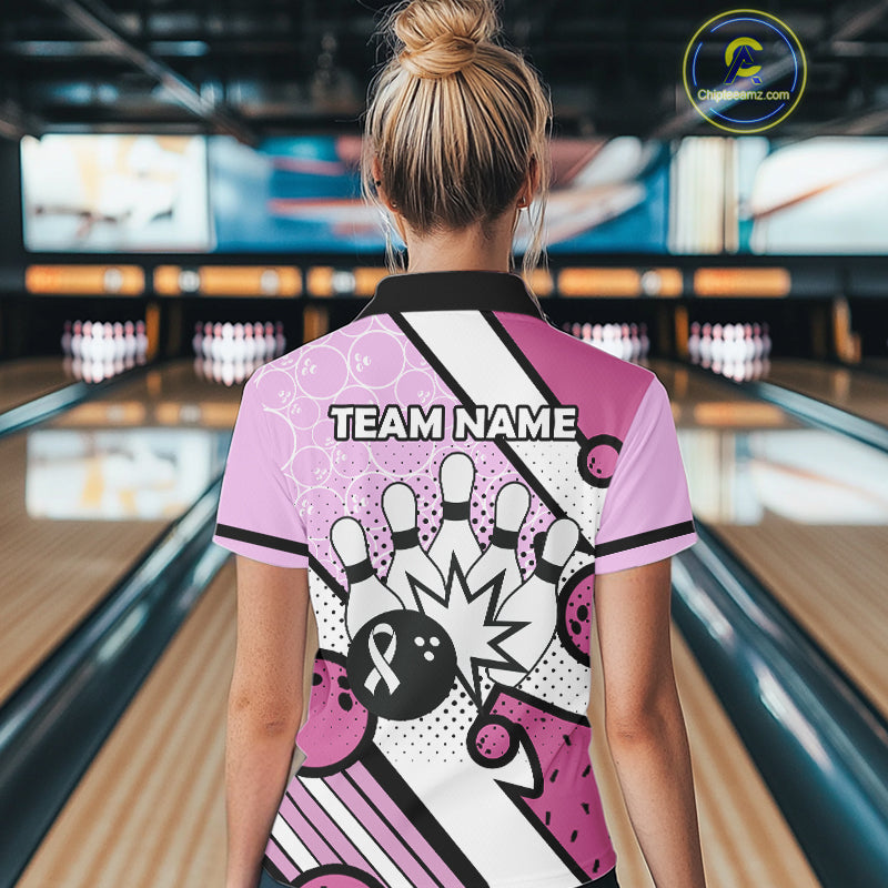 Personalized Pink Ribbons Camo Bowling Shirts For Women, Custom breast cancer bowling Team shirts NQS10533