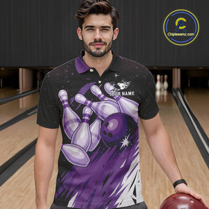 Custom Black And Purple Galaxy Bowling Team Polo, 1/4 Zip Shirt For Men, Personalized Bowling Jerseys NQS10544