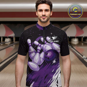 Custom Black And Purple Galaxy Bowling Team Polo, 1/4 Zip Shirt For Men, Personalized Bowling Jerseys NQS10544