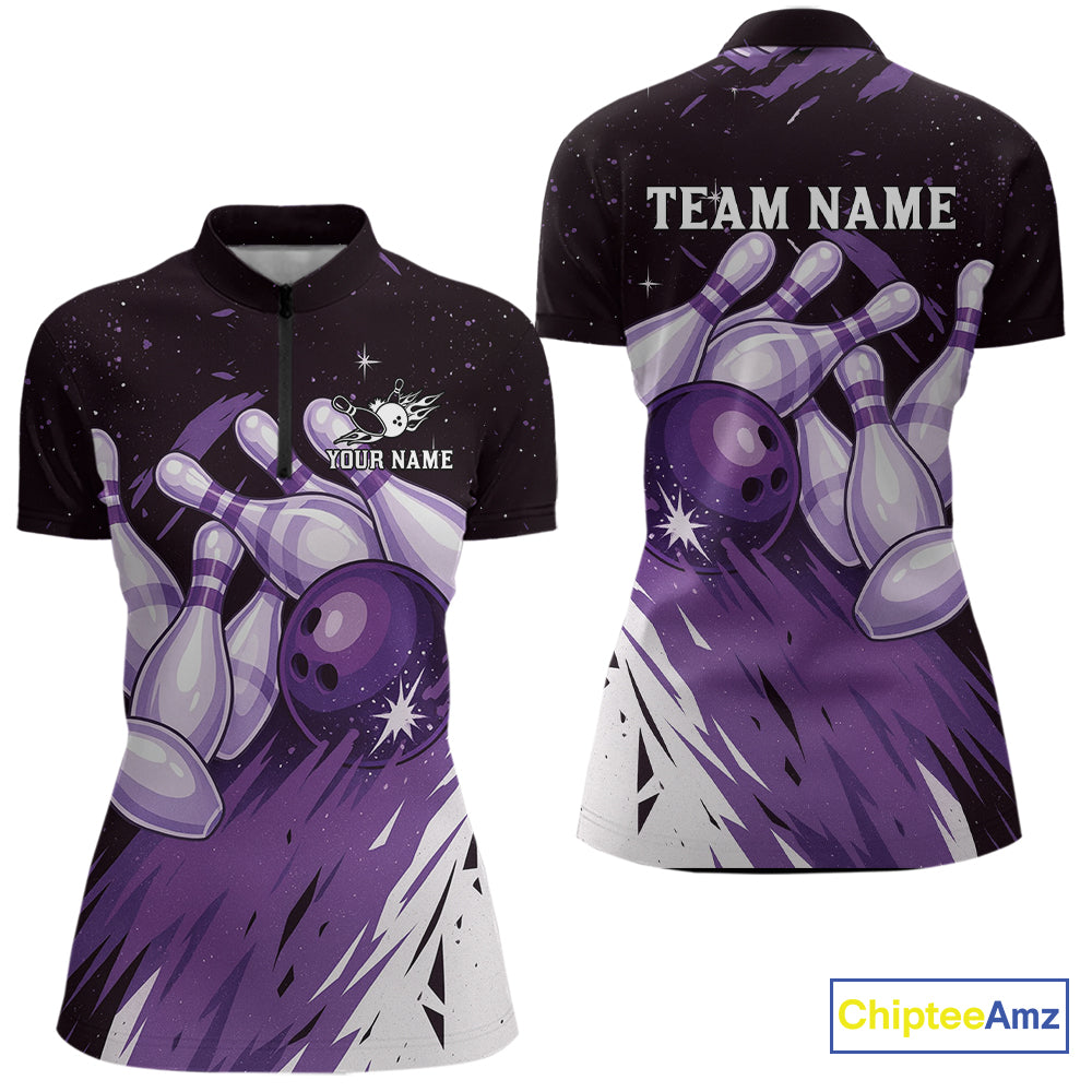 Custom Black & Purple Galaxy Bowling Team Polo, 1/4 Zip Shirt For Women, Personalized Bowling Jerseys NQS10544