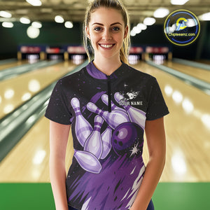 Custom Black & Purple Galaxy Bowling Team Polo, 1/4 Zip Shirt For Women, Personalized Bowling Jerseys NQS10544