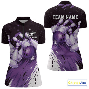 Custom Black & Purple Galaxy Bowling Team Polo, 1/4 Zip Shirt For Women, Personalized Bowling Jerseys NQS10544