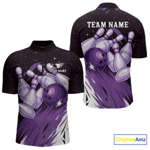 Custom Black And Purple Galaxy Bowling Team Polo, 1/4 Zip Shirt For Men, Personalized Bowling Jerseys NQS10544