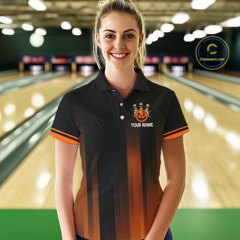 Custom Orange and Black Funny Pumpkin Ball pins Women Bowling Team Shirts, Halloween Bowling Outfit NQS10564