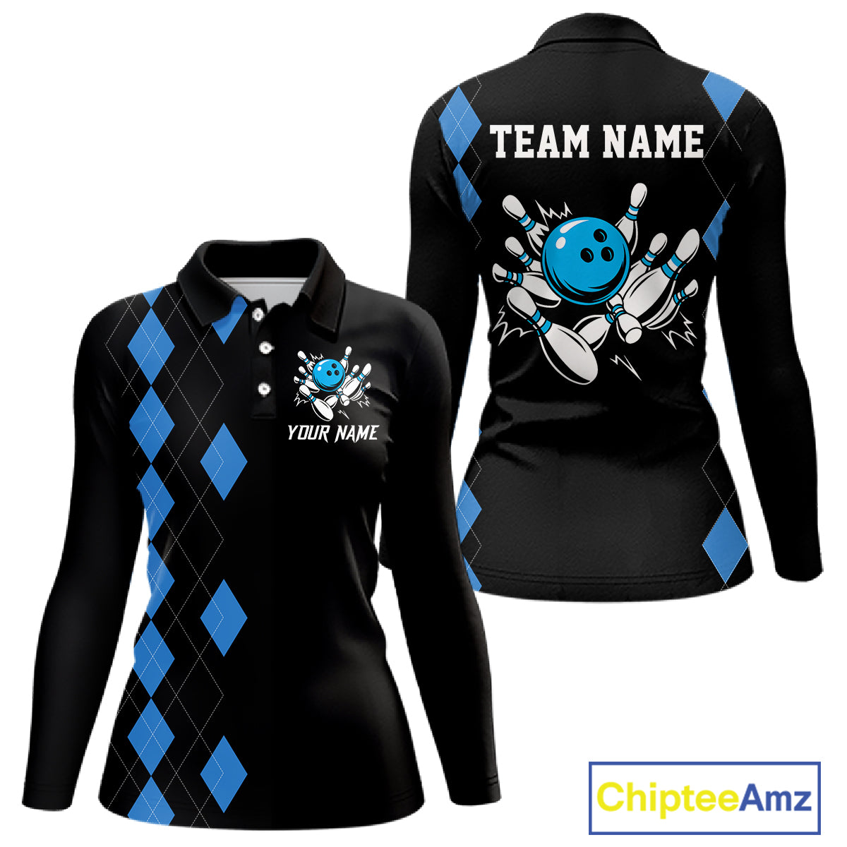 Black and Blue argyle womens bowling shirts custom team bowling jerseys women's bowling outfits NQS11404