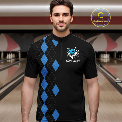 Black and Blue argyle bowling polo shirts, 1/4 zip shirt for men Custom team bowling jerseys men NQS11404