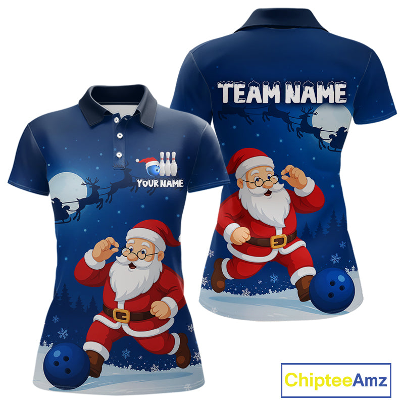 Custom Blue Funny Christmas Santa Bowling Polo, 1/4 Zip Shirt For Women, Bowling Team League Jersey NQS10827