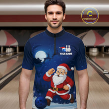 Load image into Gallery viewer, Custom Blue Funny Christmas Santa Bowling Polo, Quarter Zip Shirt For Men, Bowling Team League Jersey NQS10827