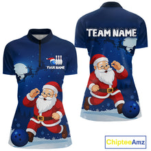 Load image into Gallery viewer, Custom Blue Funny Christmas Santa Bowling Polo, 1/4 Zip Shirt For Women, Bowling Team League Jersey NQS10827