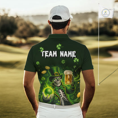 Funny Skull drink beer St Patrick's day Green shamrock Mens Golf Polo Shirts Custom mens golf apparel NQS11411