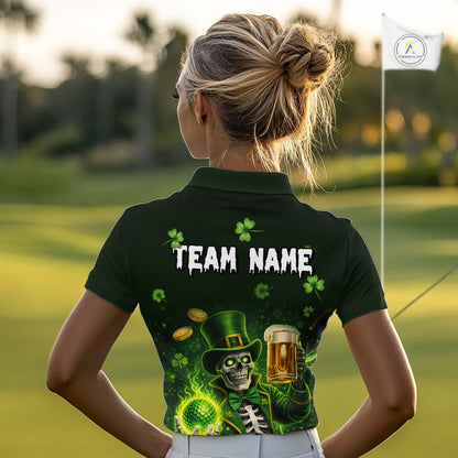 Funny Skull drink beer St Patrick day Green shamrock Women Golf Polo Shirt Custom ladies golf apparel NQS11411
