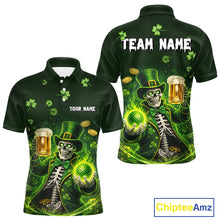 Load image into Gallery viewer, Funny Skull drink beer St Patrick's Day Green shamrock Custom matching men and womens golf shirts NQS11411