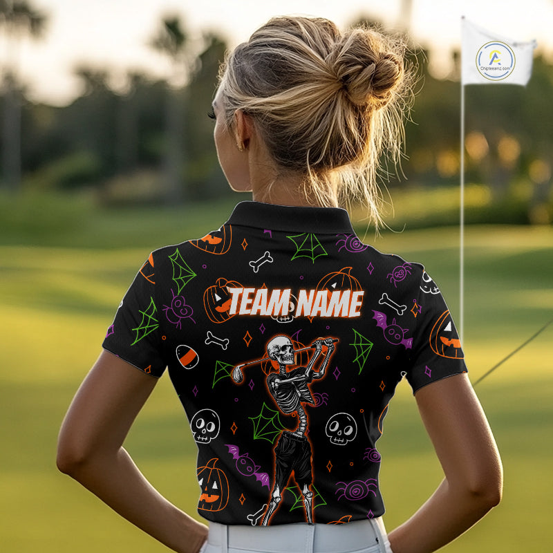 Personalized Funny Halloween Pattern Skull Golf Polo Shirts For Women, Halloween Ladies Golf Gifts NQS10836