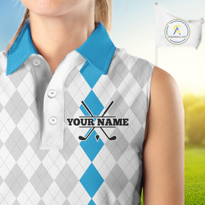 Custom Blue and White argyle pattern Sleeveless Golf Polo Shirt, personalized team ladies golf outfit NQS11210