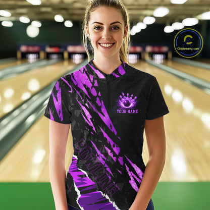 Black and Purple camo Bowling Polo shirts, 1/4 zip shirt for Women custom Bowling Team League Jerseys NQS11420