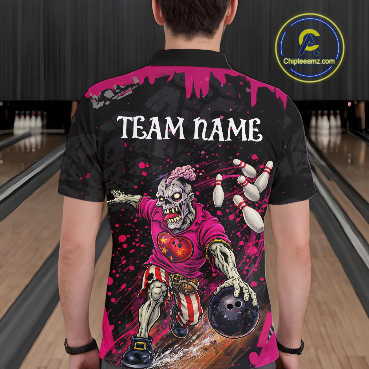 Black and Pink Funny zombie Bowling Shirts For Men Custom Mens Bowling team league jerseys NQS11442