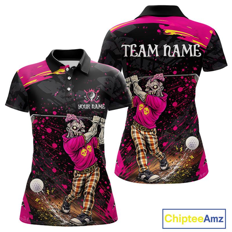 Black and Pink Funny zombie Golf Polo shirts for Women Custom funny women's golf team shirts NQS11443