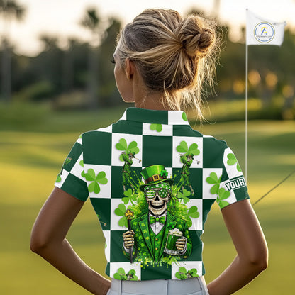 Funny Skull drink beer Clover square pattern Women Golf Polo shirts Custom St Patrick's Day golf tops NQS11454