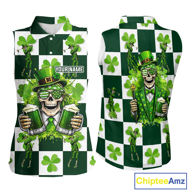 Funny Skull drink beer Clover square pattern Sleeveless Golf tops Custom St Patrick's Day golf tops NQS11454