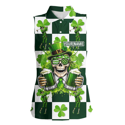 Funny Skull drink beer Clover square pattern Sleeveless Golf tops Custom St Patrick's Day golf tops NQS11454
