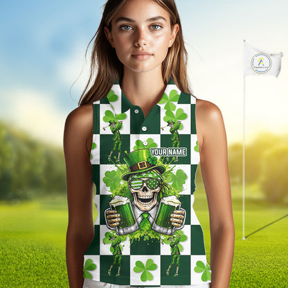 Funny Skull drink beer Clover square pattern Sleeveless Golf tops Custom St Patrick's Day golf tops NQS11454