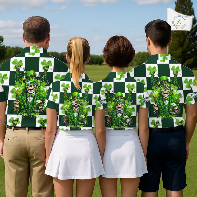 Funny Skull drink beer Clover square pattern Women Golf Polo shirts Custom St Patrick's Day golf tops NQS11454