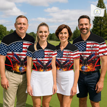Load image into Gallery viewer, Red, White and Blue American Flag Eagle Flame Golf polo shirt for men custom patriotic golf attire NQS11736