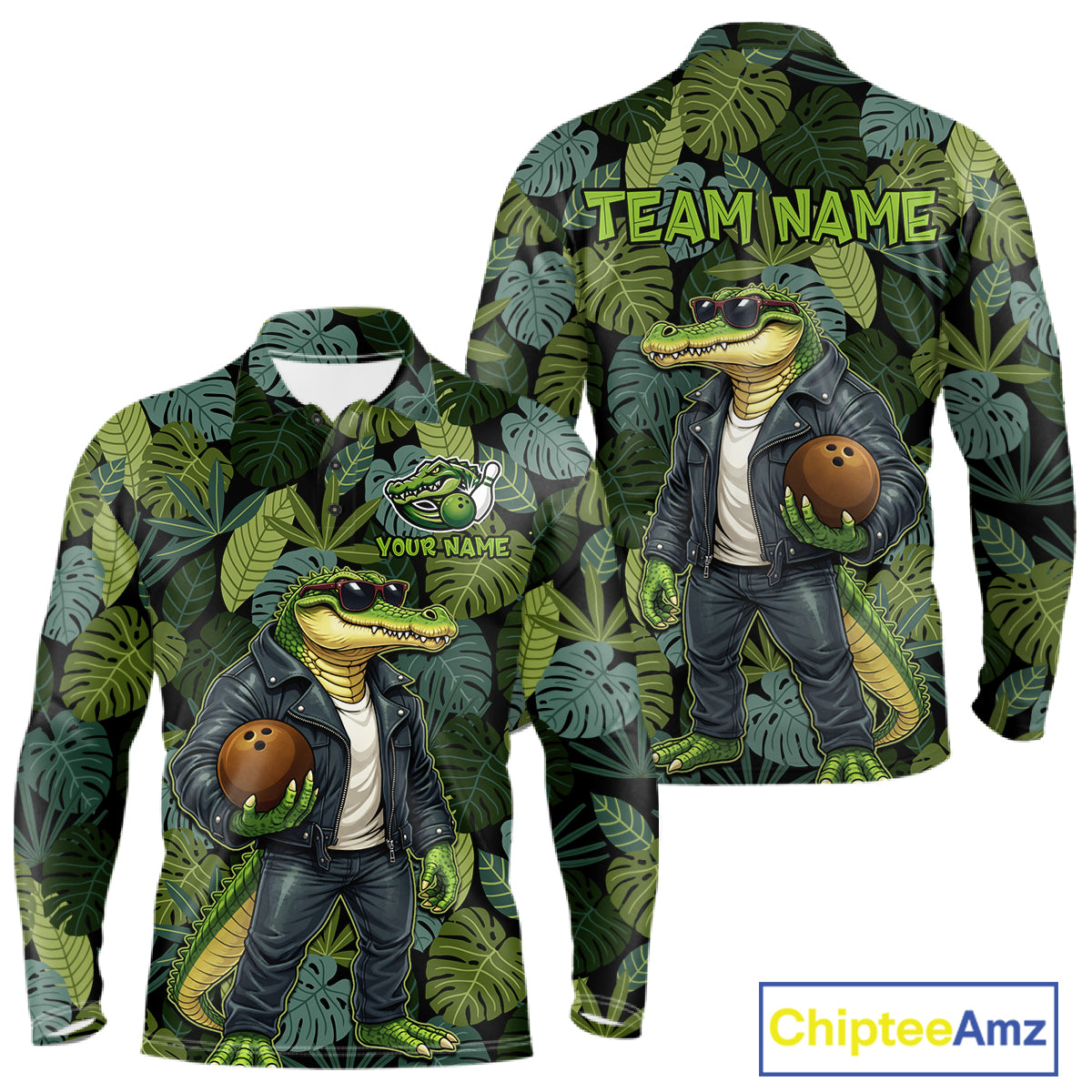 Green tropical leaf pattern Funny Alligator Bowling Shirts For Men Custom Bowling Team Jerseys NQS11744