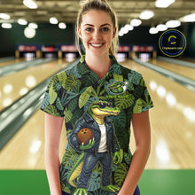 Load image into Gallery viewer, Green tropical leaf pattern Funny Alligator Bowling Shirts For Women Custom Bowling Team Jerseys NQS11744