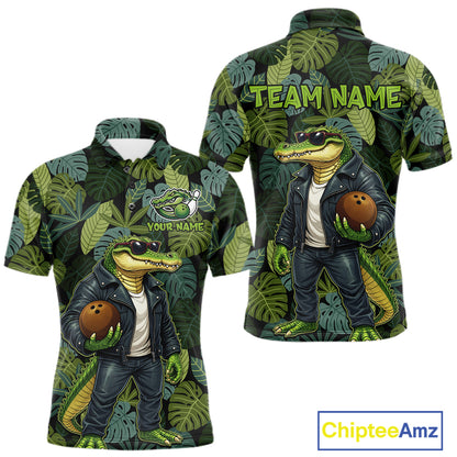 Green tropical leaf pattern Funny Alligator Bowling Shirts For Men Custom Bowling Team Jerseys NQS11744