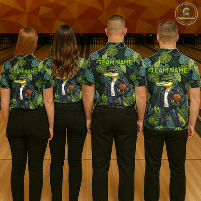 Green tropical leaf pattern Funny Alligator Bowling Shirts For Women Custom Bowling Team Jerseys NQS11744