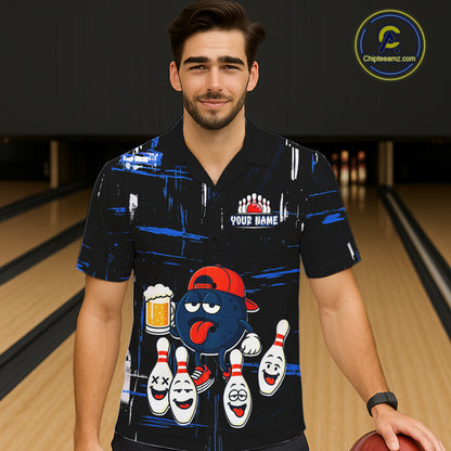 Custom Black And Blue Funny Beer Hawaiian bowling jersey, funny bowling shirts NQS11488