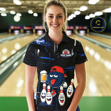 Load image into Gallery viewer, Custom Black And Blue Funny Beer Bowling Women Polo, Quarter Zip Shirts, funny bowling shirts NQS11488