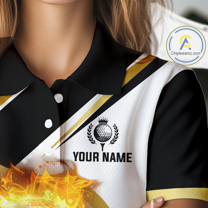 Black & White Gold Flame Women Golf Polo Shirts custom team ladies golf attire, gift for golf lovers NQS10905