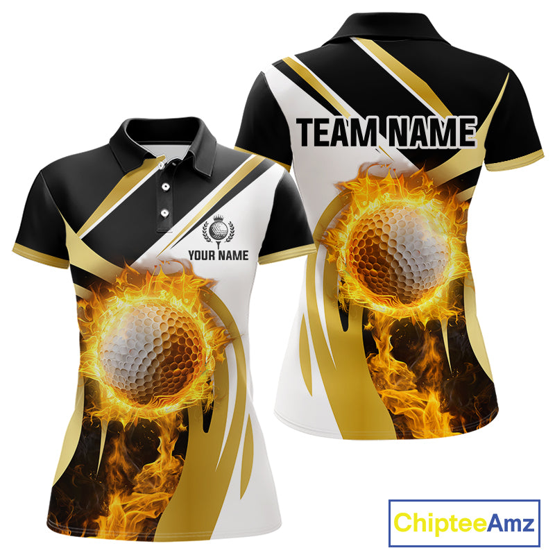 Black & White Gold Flame Women Golf Polo Shirts custom team ladies golf attire, gift for golf lovers NQS10905
