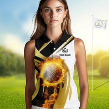 Load image into Gallery viewer, Black &amp; White Gold Flame Women Sleeveless Polo Shirt custom team ladies golf attire, golf gifts NQS10905