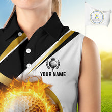 Load image into Gallery viewer, Black &amp; White Gold Flame Women Sleeveless Polo Shirt custom team ladies golf attire, golf gifts NQS10905