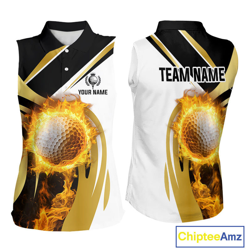 Black & White Gold Flame Women Sleeveless Polo Shirt custom team ladies golf attire, golf gifts NQS10905