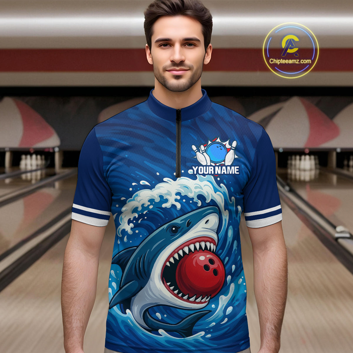 Custom Blue Shark Bowling Polo, Quarter Zip Shirts For Men, Shark Bowling Team League Shirt NQS10697