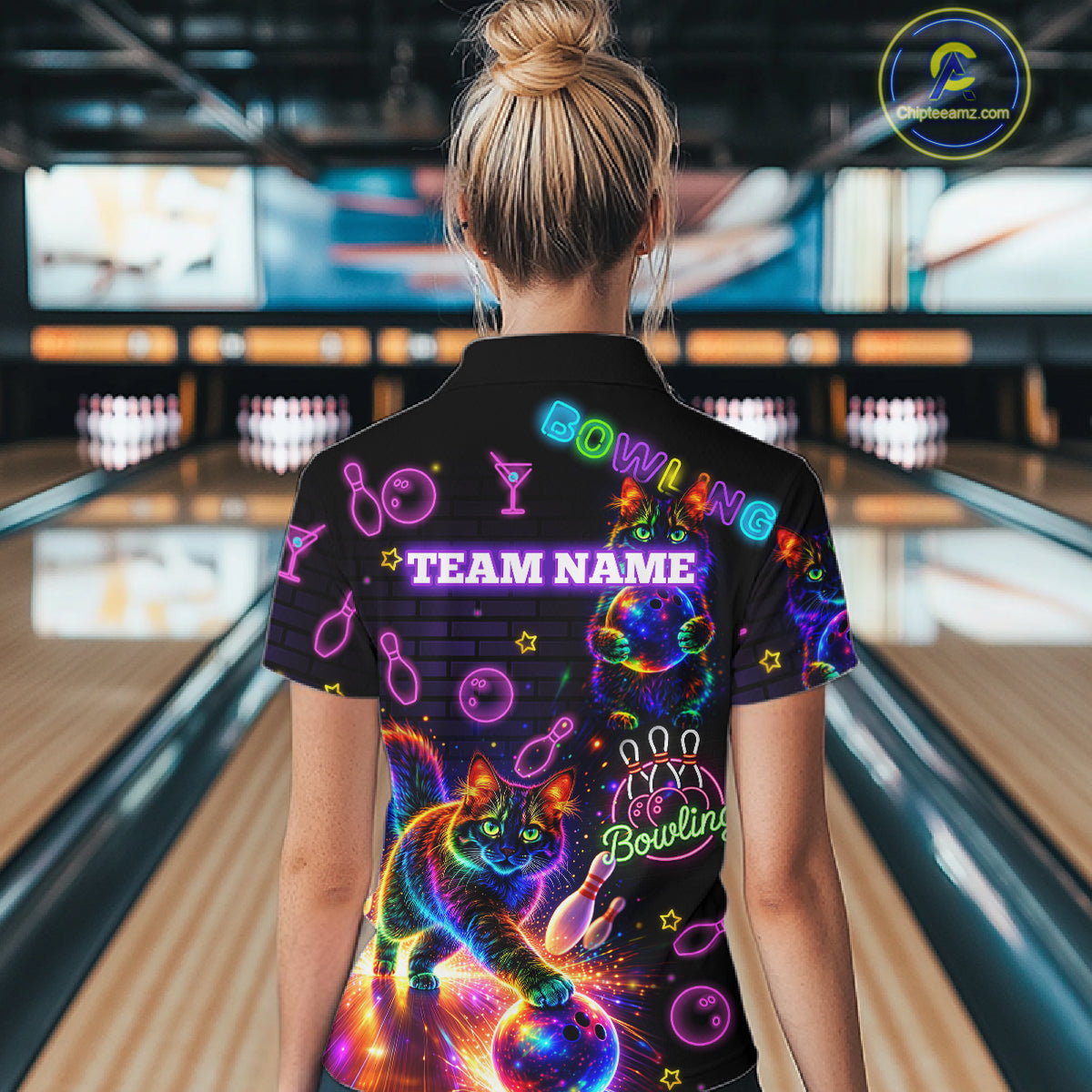Custom Funny Cat Neon Bowling Jerseys for Ladies Bowling Outfit Polo & 1/4 Zip Bowling Team Shirts NQS11515