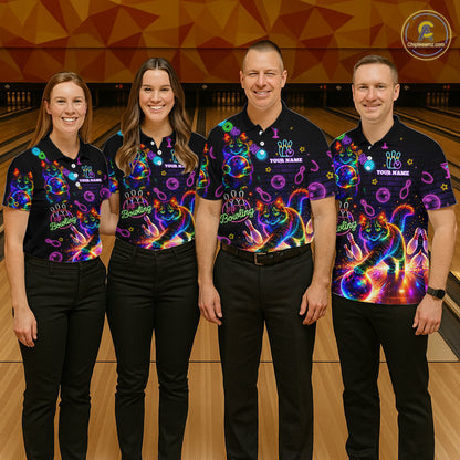 Custom Funny Cat Neon Bowling Jerseys for Men Bowling Outfit Polo & 1/4 Zip Bowling Team Shirts NQS11515