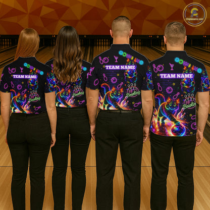 Custom Funny Cat Neon Bowling Jerseys for Men Bowling Outfit Polo & 1/4 Zip Bowling Team Shirts NQS11515