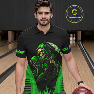 Black and Green Flame Skull Reaper Bowling Polo, Quarter Zip shirt for Men Custom team bowling jersey NQS10712