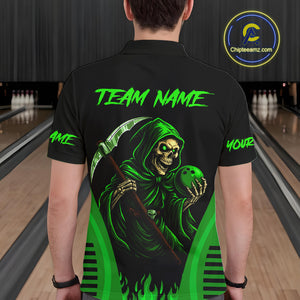 Black and Green Flame Skull Reaper Bowling Polo, Quarter Zip shirt for Men Custom team bowling jersey NQS10712