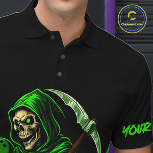 Black and Green Flame Skull Reaper Bowling Polo, Quarter Zip shirt for Men Custom team bowling jersey NQS10712
