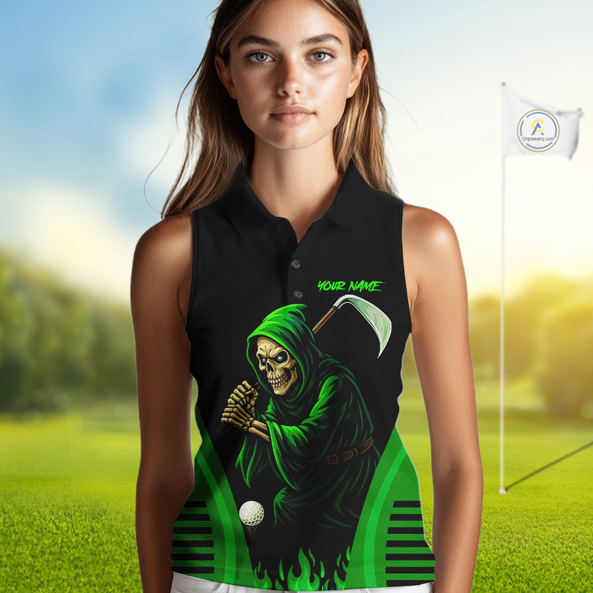 Black and Green Flame Skull Reaper Women Sleeveless Polo Shirt Custom team golf outfits for ladies NQS10713