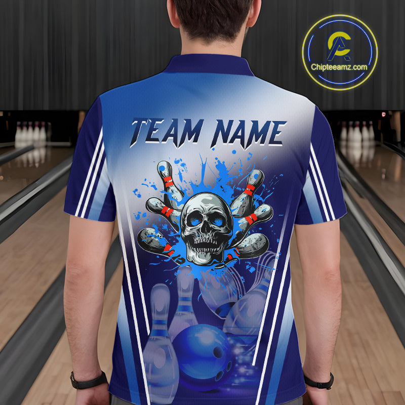 Personalized Blue Gradient Skull Bowling Shirts For Men Custom Bowling Team Jerseys Gift For Bowlers NQS11138